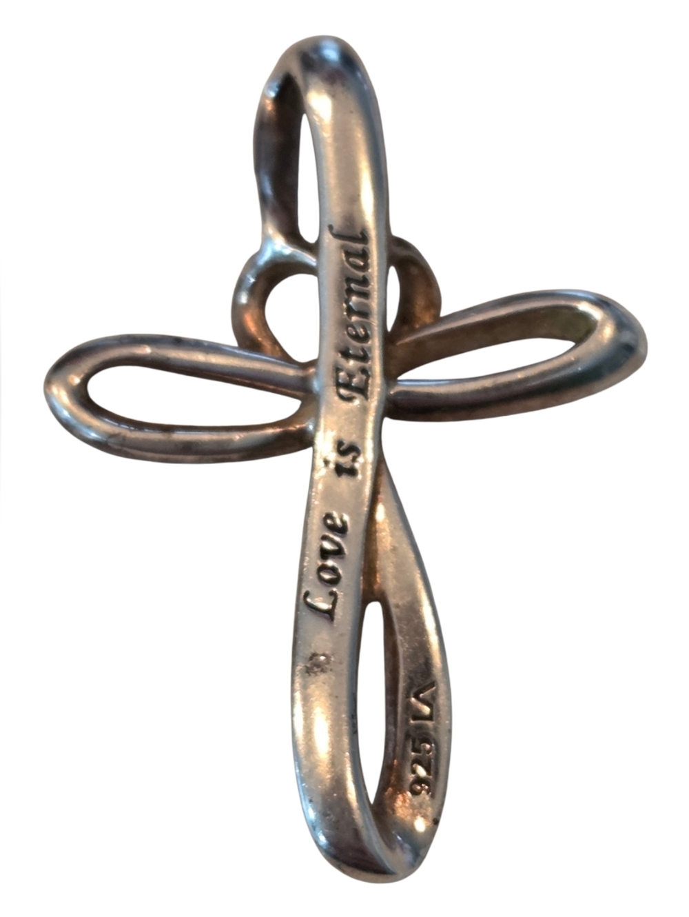 Beautiful Sterling Silver “Love is Eternal” Ribbon Cross Pendant